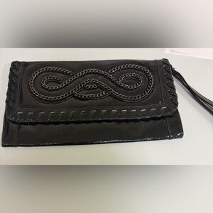 Patent Black Wristlet Clutch with Decorative Braided Chain